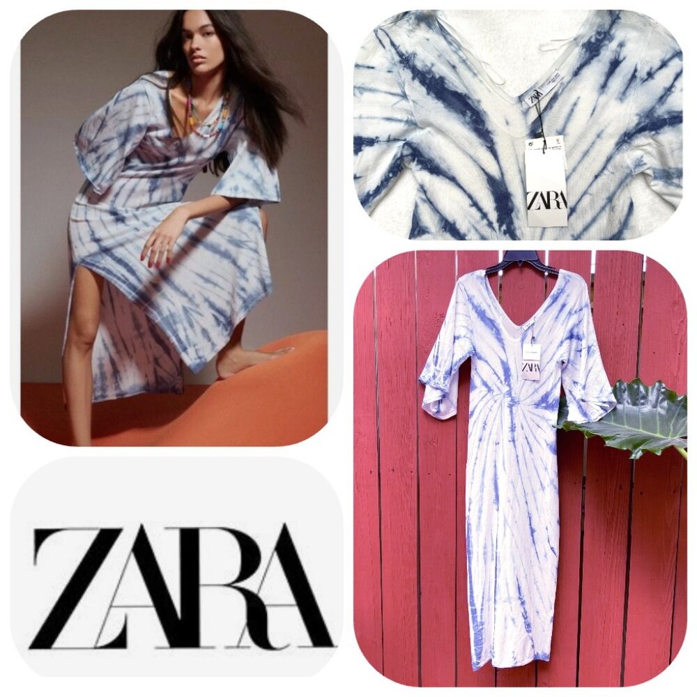 NWT Zara Tie Dye V Neck Bell Sleeve Jersey Blue White Midi Dress Size S